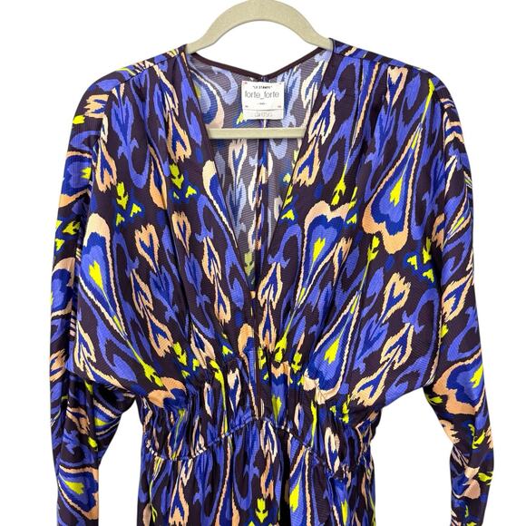 Forte Forte 6 Northern Light Print Satin Dress Multi Purple Ikat Dolman V Neck - Picture 3 of 16
